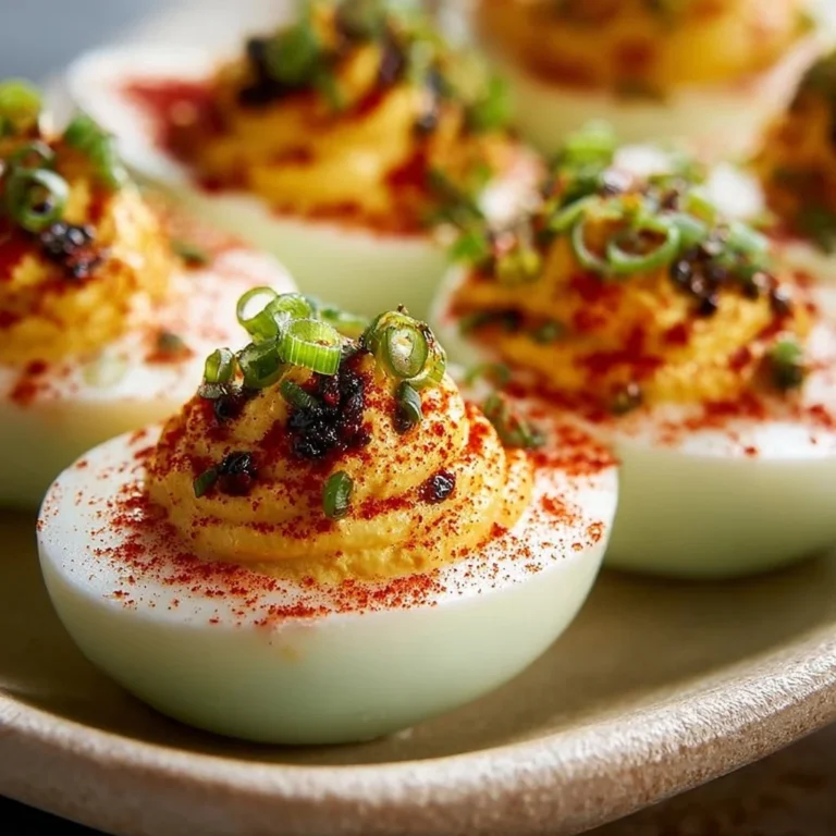 Plate of special deviled eggs garnished with herbs and spices