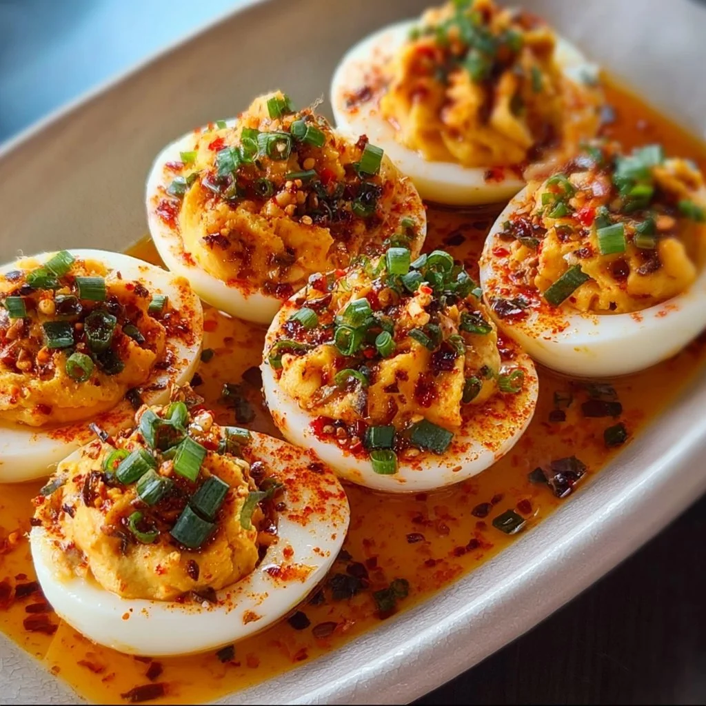 Spicy chili garlic deviled eggs served on a platter