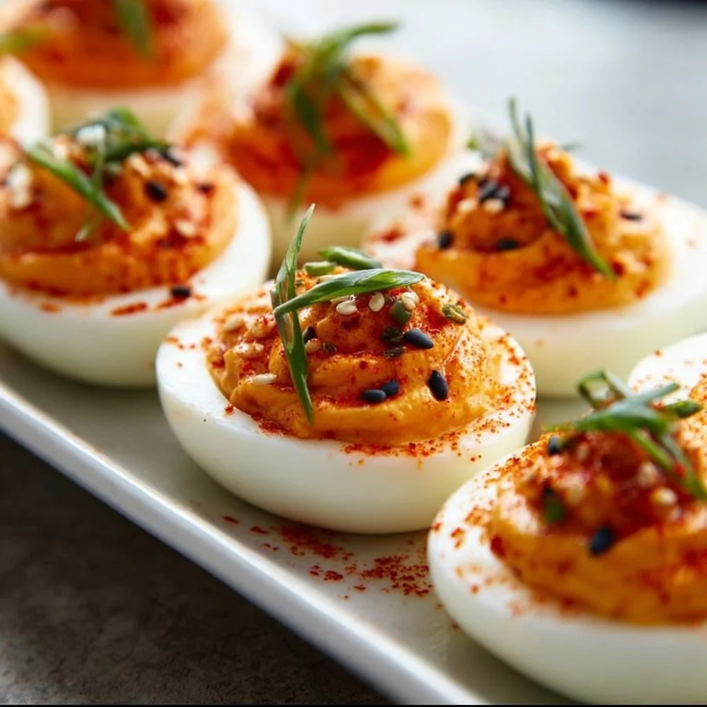 Spicy gochujang deviled eggs garnished with herbs