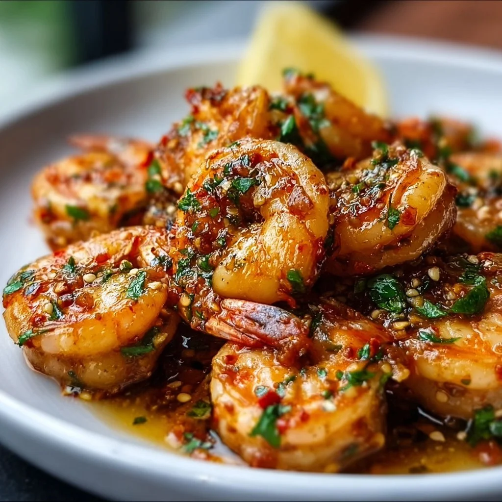Plate of spicy lemon garlic shrimp garnished with herbs and served with lemon wedges.