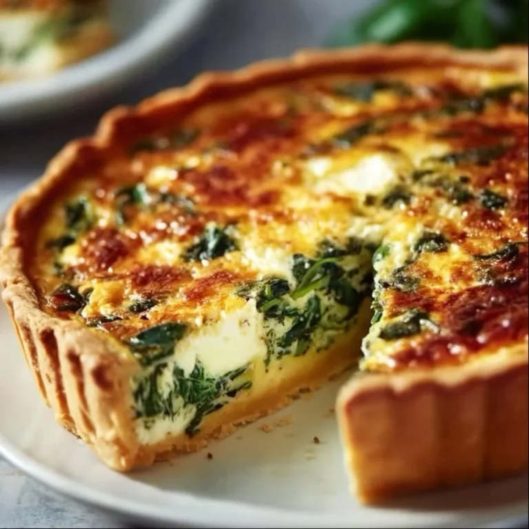 Delicious homemade Spinach Ricotta Quiche served on a wooden table.