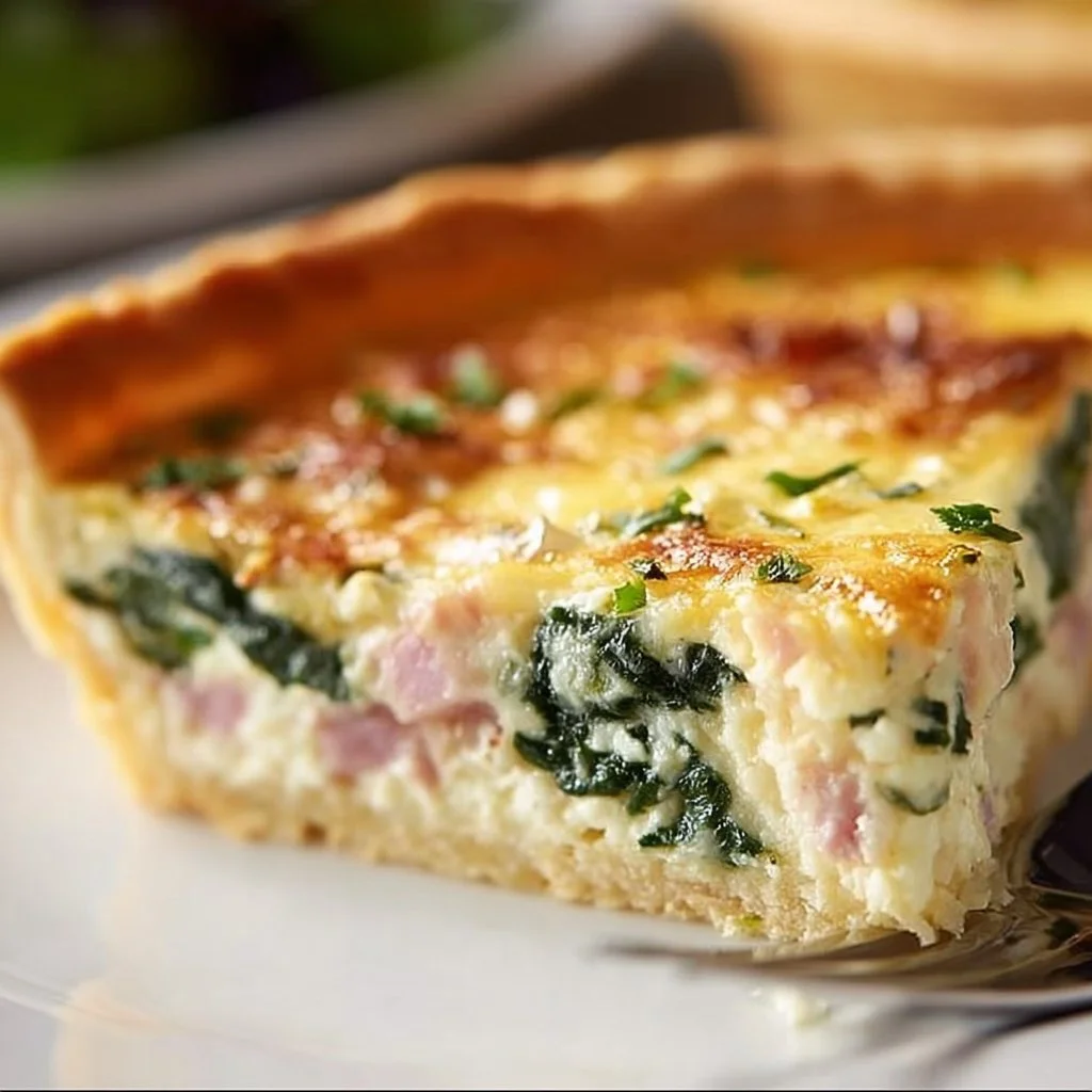 Delicious Spinach Ham Cheese Quiche garnished and served on a plate