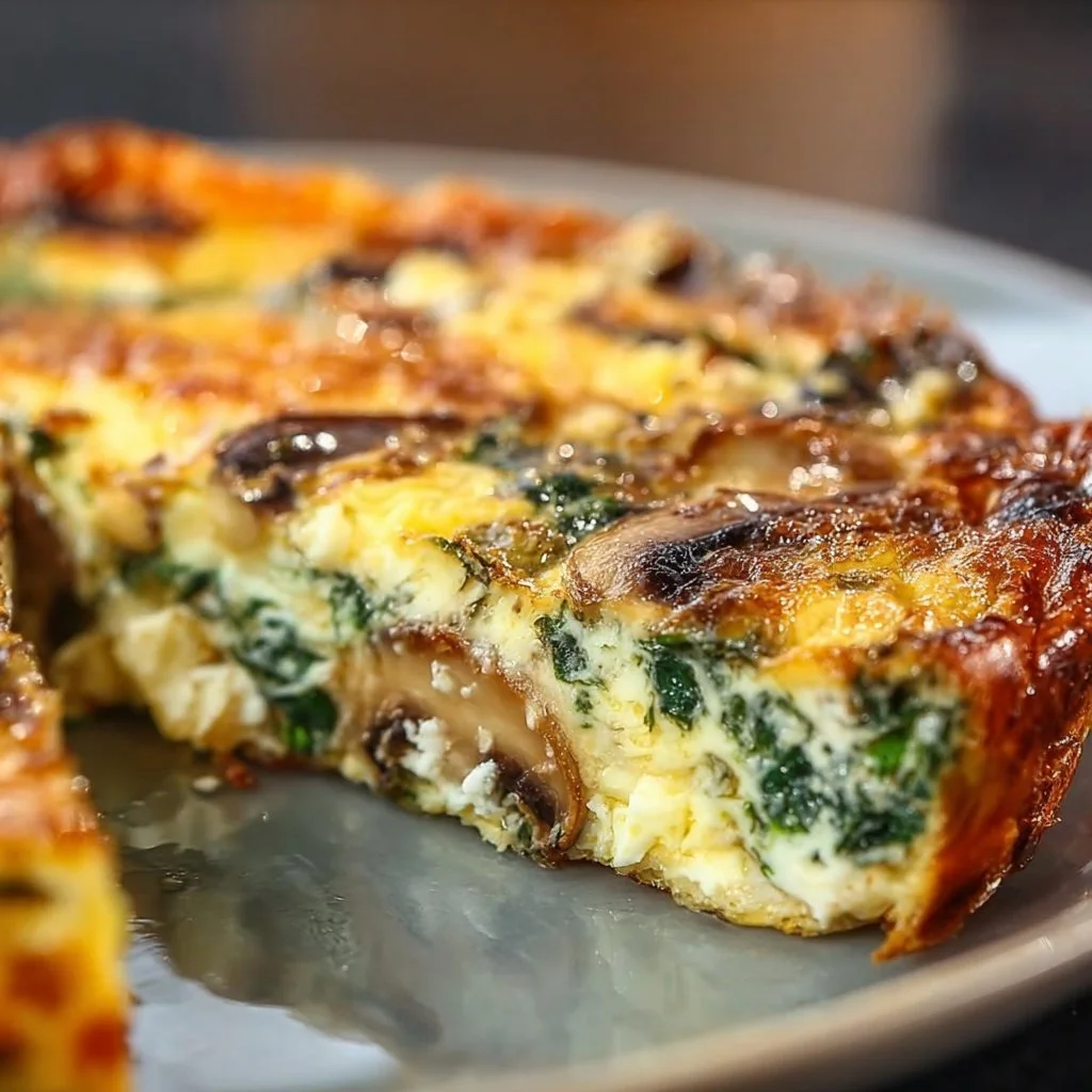 Spinach mushroom and feta crustless quiche served on a plate