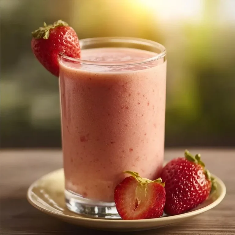 Fresh strawberry banana smoothie in a glass with fruit garnish