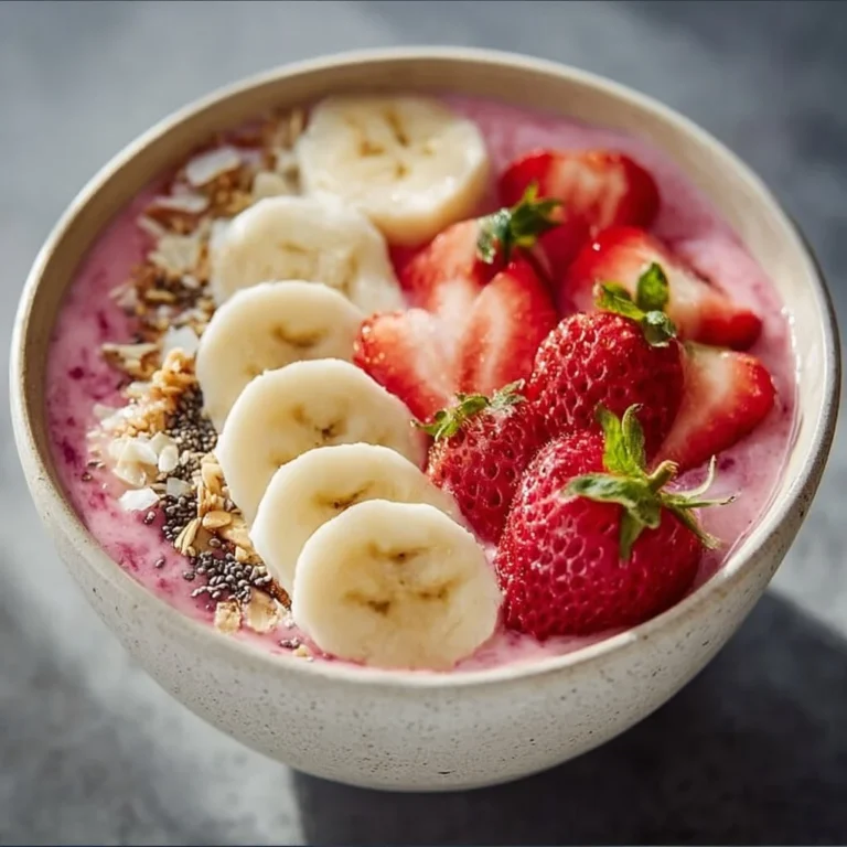 Colorful strawberry banana smoothie bowl topped with fresh fruits and nuts.