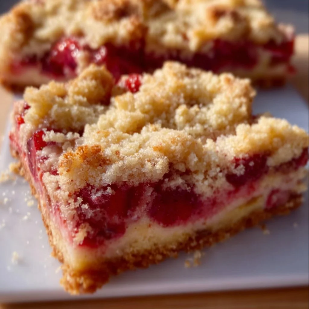 Strawberry cheesecake crumb bars topped with fresh strawberries and a crumbly crust.