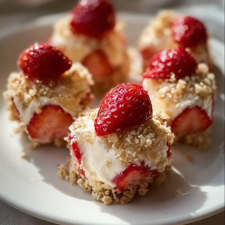 Delicious Strawberry Cheesecake Crunch Bites with fresh strawberries and creamy topping.