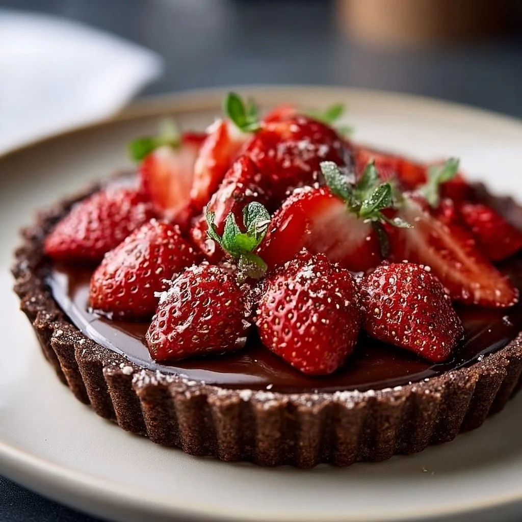 A delicious strawberry chocolate tart topped with fresh strawberries and chocolate drizzle.