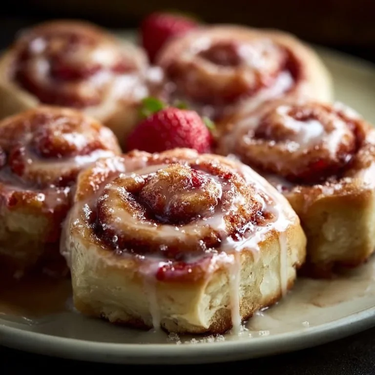 Freshly baked strawberry cinnamon rolls topped with icing.