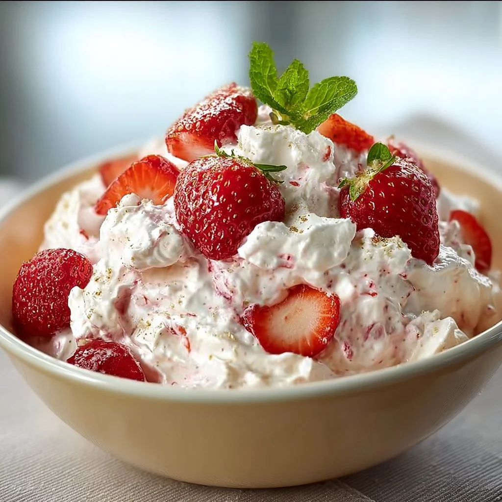 Delicious Strawberry Fluff Salad served in a bowl with fresh strawberries on top