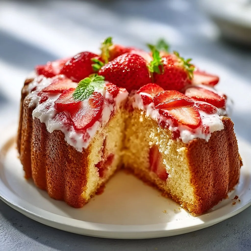 Delicious homemade strawberry pound cake with fresh strawberries on top.