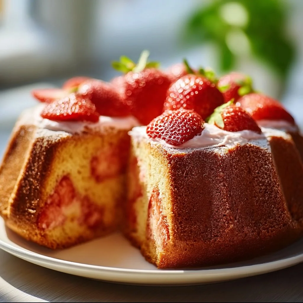 Delicious slice of strawberry pound cake with fresh strawberries on top