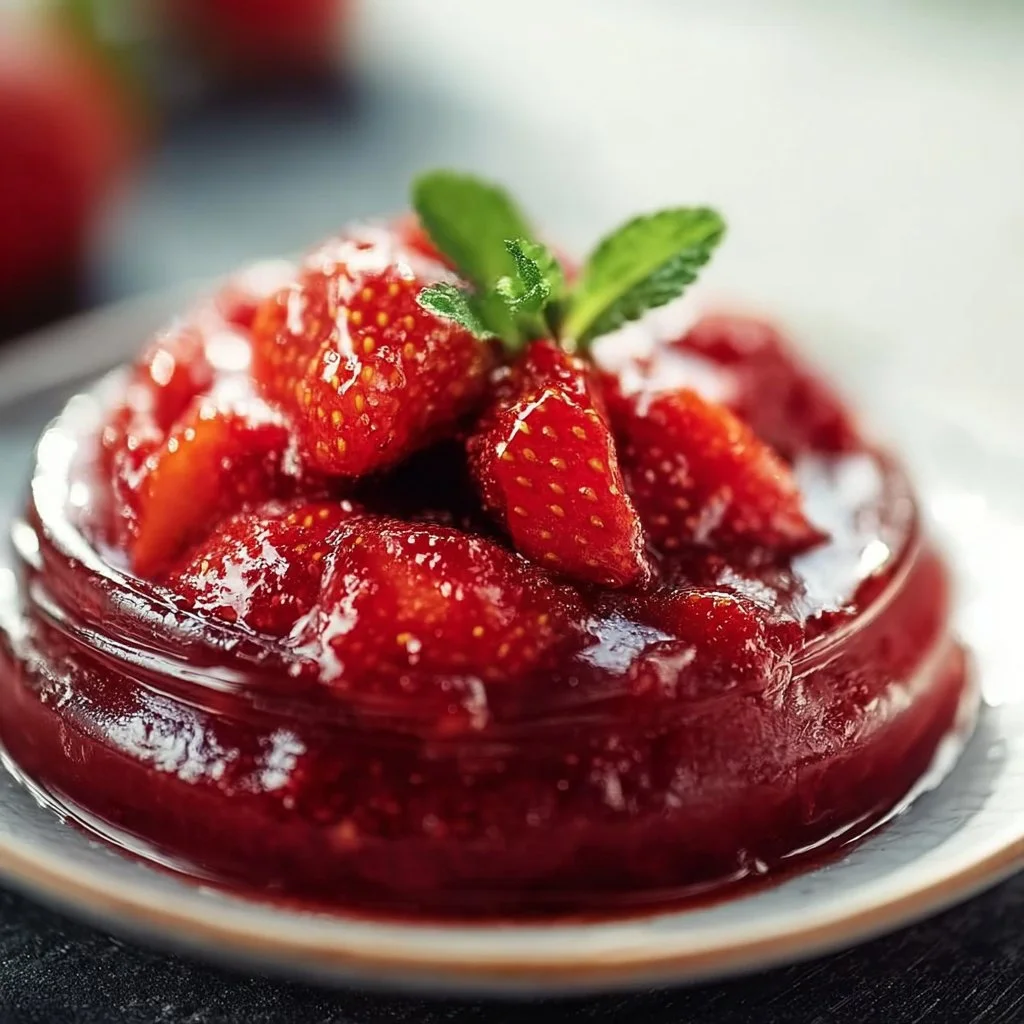 Homemade strawberry sauce drizzled over pancakes.