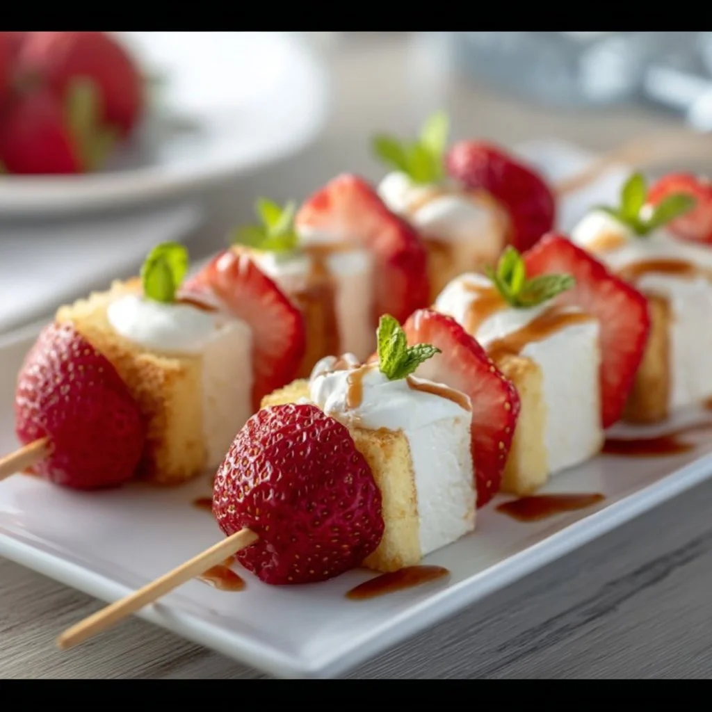 Delicious Strawberry Shortcake Kabobs with fresh strawberries and whipped cream