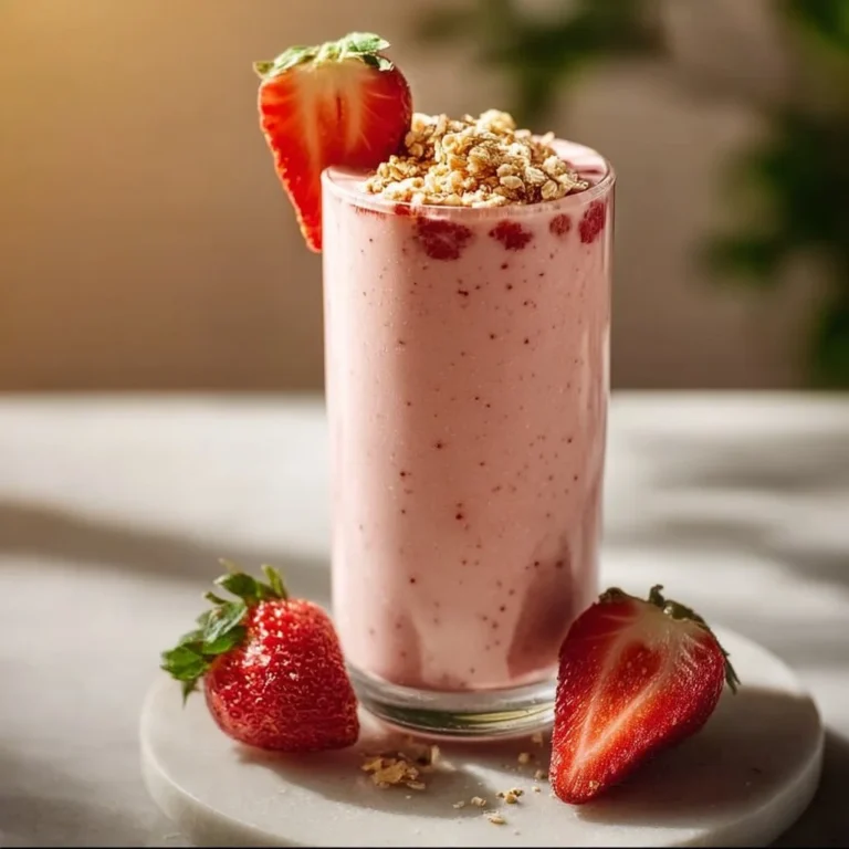 Strawberry Shortcake Protein Smoothie in a glass topped with fresh strawberries