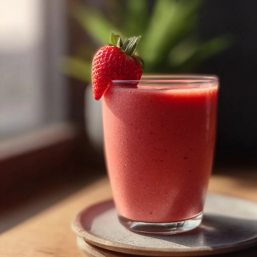 Delicious strawberry smoothie served in a glass with fresh strawberries