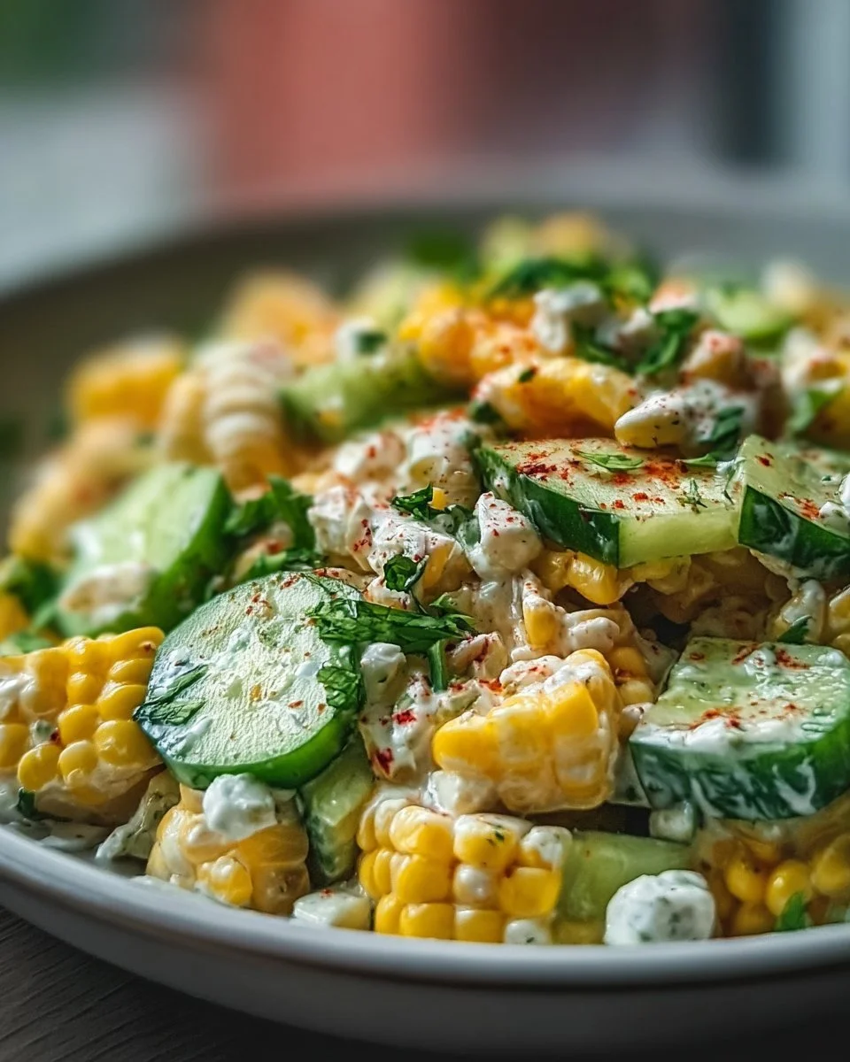 Delicious Street Corn Salad with creamy cucumbers in a bowl