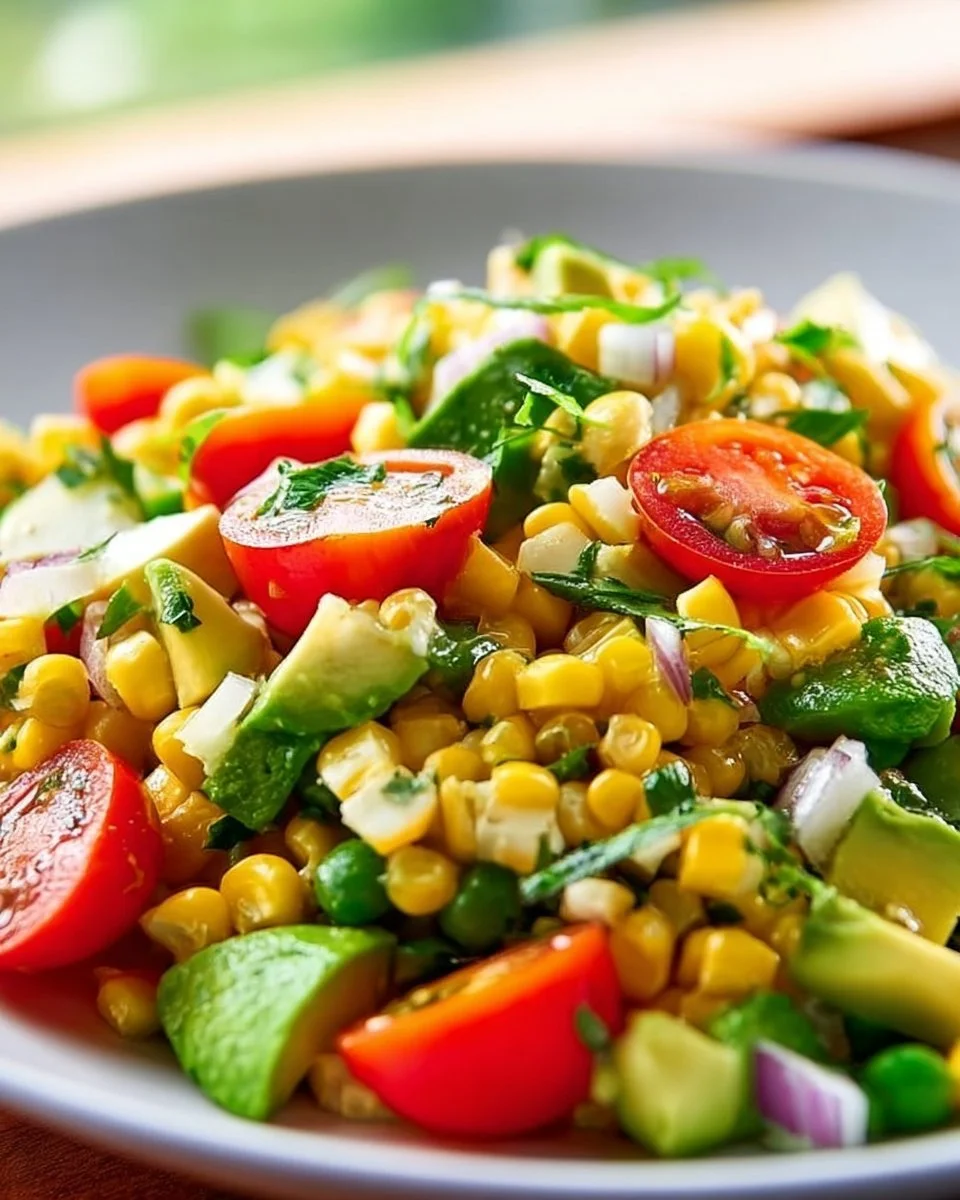 Summer corn salad with avocado, vibrant colors and fresh ingredients in a bowl.