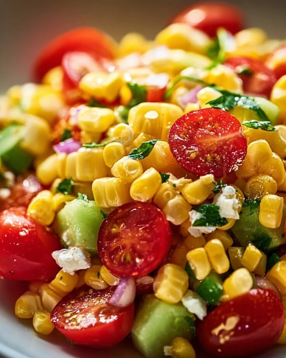 Colorful and fresh corn salad with vegetables in a bowl.