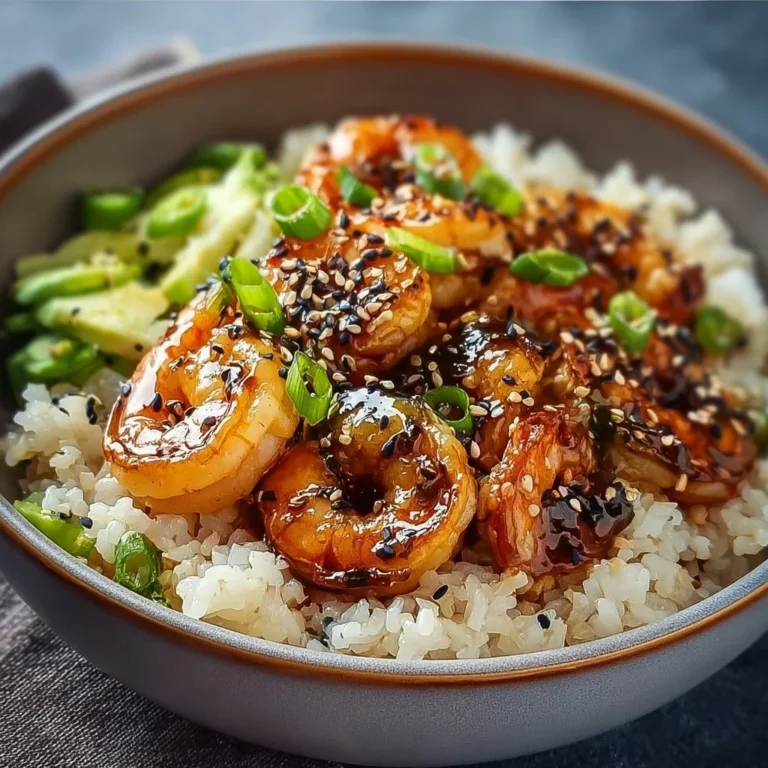 Teriyaki Shrimp Rice Bowl garnished with vegetables and sesame seeds
