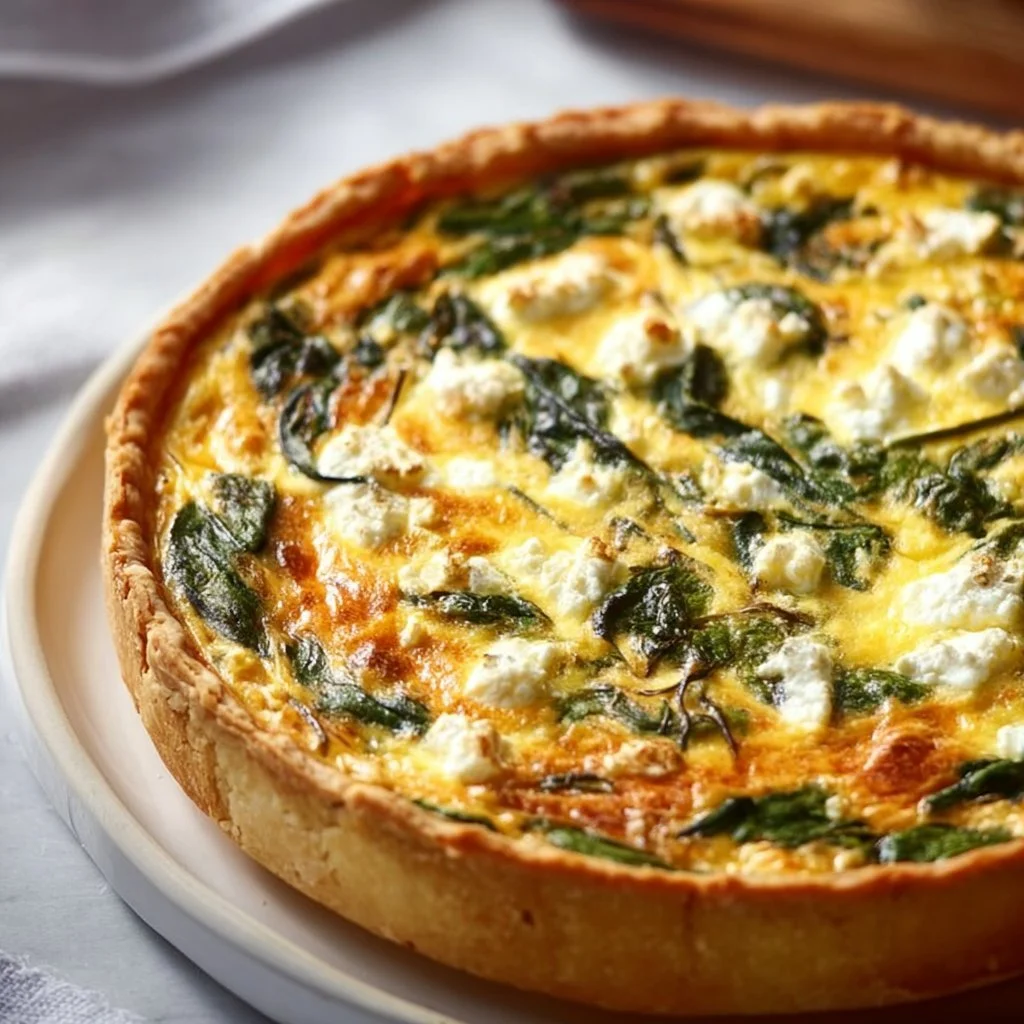 Delicious spinach feta quiche on a plate, garnished with herbs.