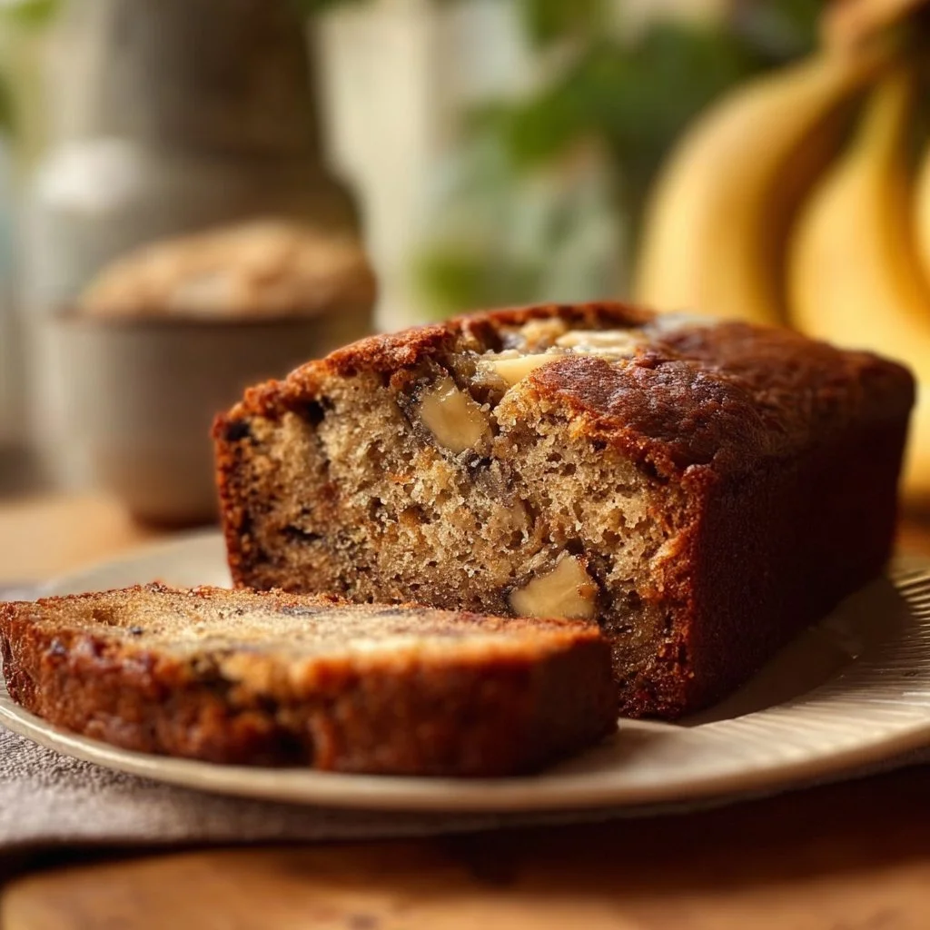 Delicious homemade banana bread fresh out of the oven, showcasing its golden-brown crust.