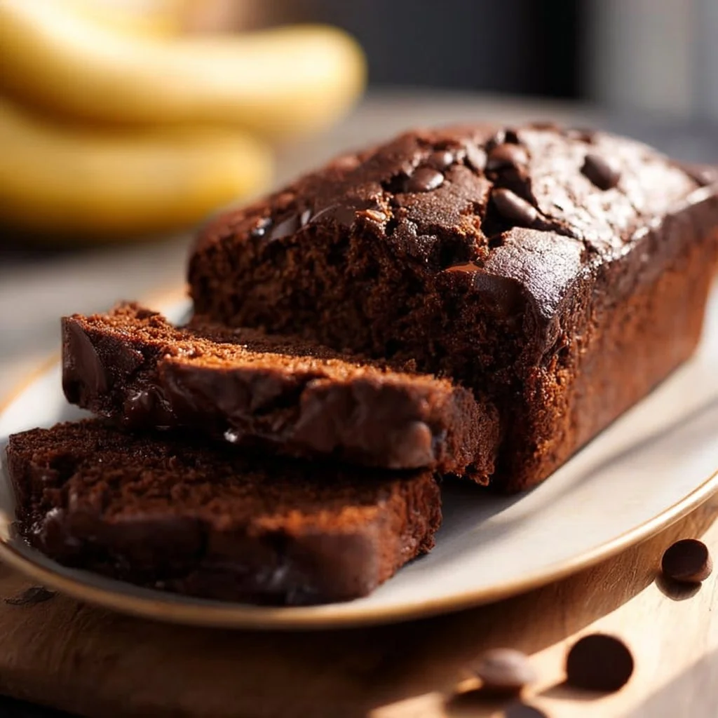 A slice of high protein chocolate banana bread on a wooden table