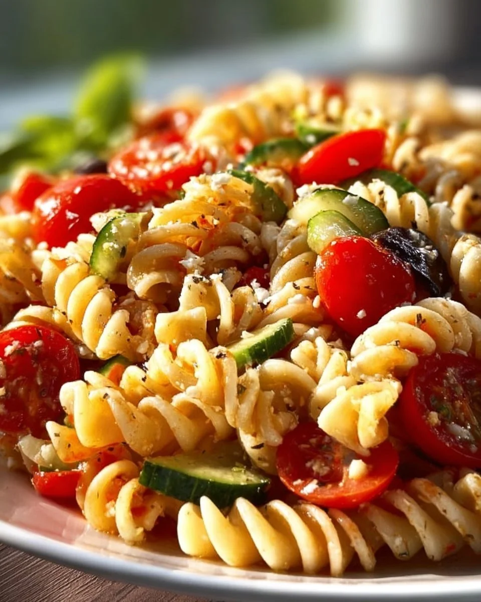 A colorful bowl of gourmet pasta salad with fresh vegetables and dressing