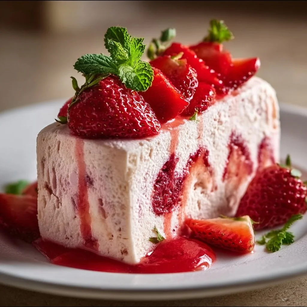 Delicious Triple Strawberry Semifreddo dessert with fresh strawberries and cream