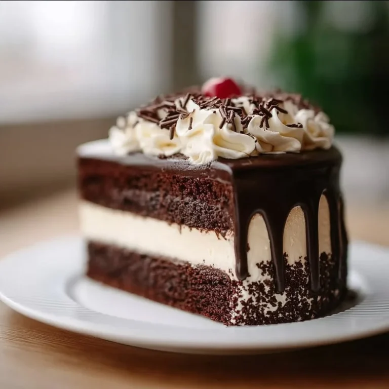 Delicious Tuxedo Cake with chocolate layers and creamy frosting.