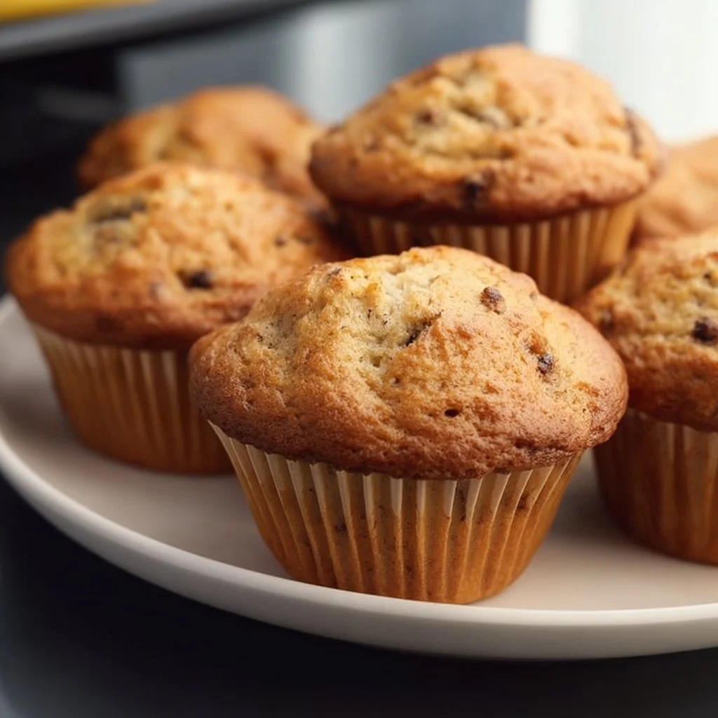 Freshly baked vegan banana muffins on a wooden table