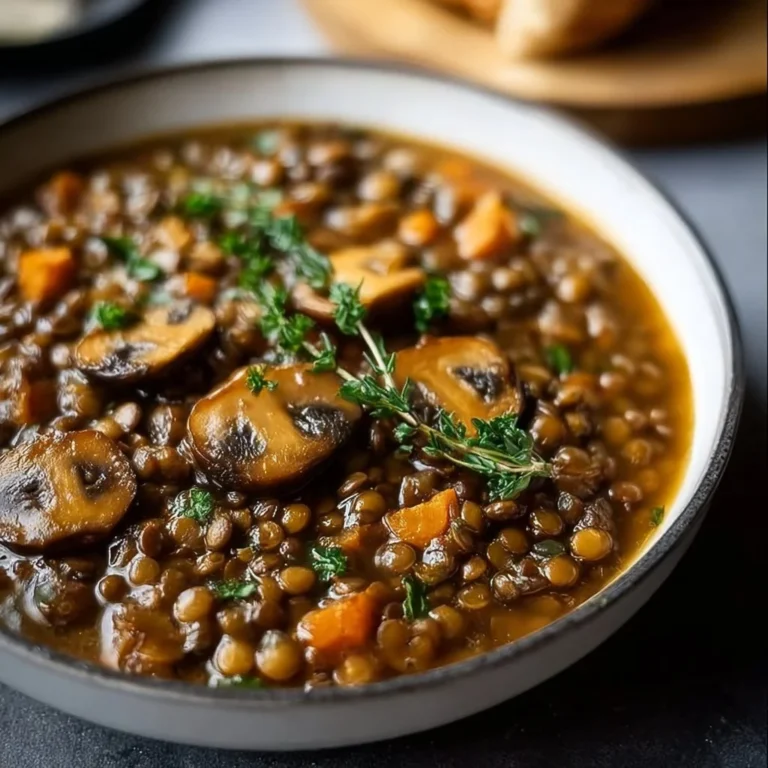 Bowl of Vegan Lentil Mushroom Stew loaded with fresh vegetables and spices.