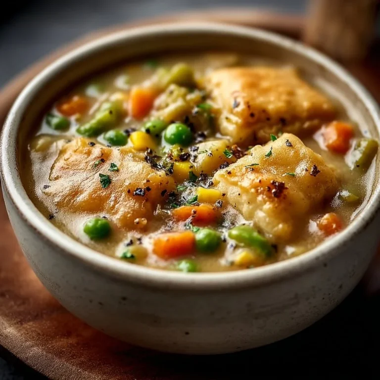 Bowl of delicious Veggie Pot Pie Soup with assorted vegetables