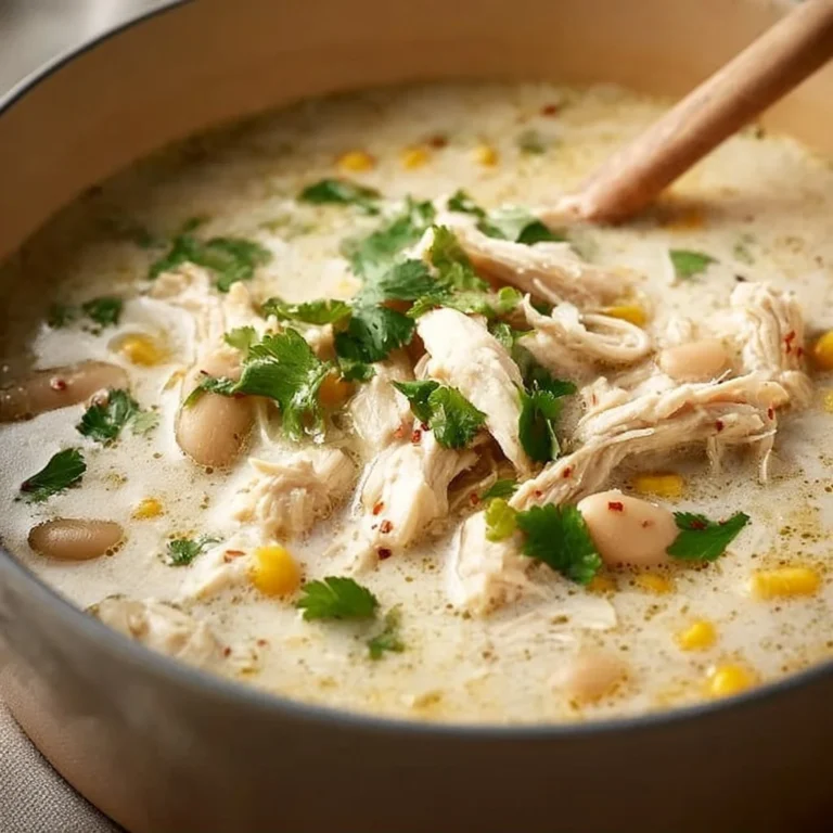 Bowl of creamy white chicken chili garnished with cilantro and lime slices.
