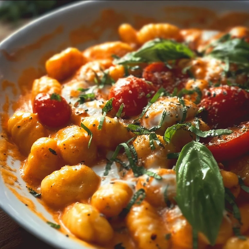 Plate of creamy tomato gnocchi garnished with fresh basil and Parmesan cheese