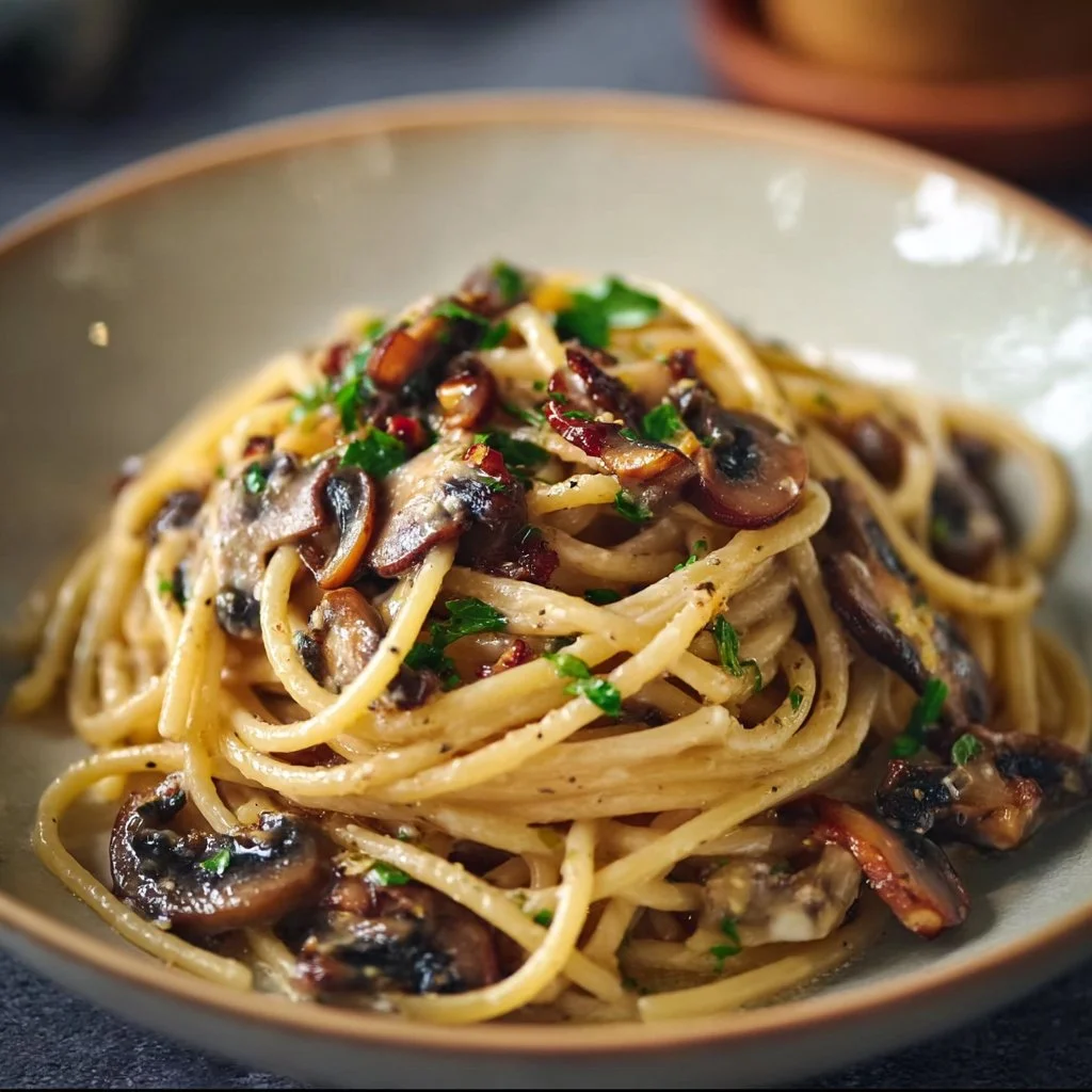 30-Minute Miso Mushroom Bucatini with fresh mushrooms and miso sauce
