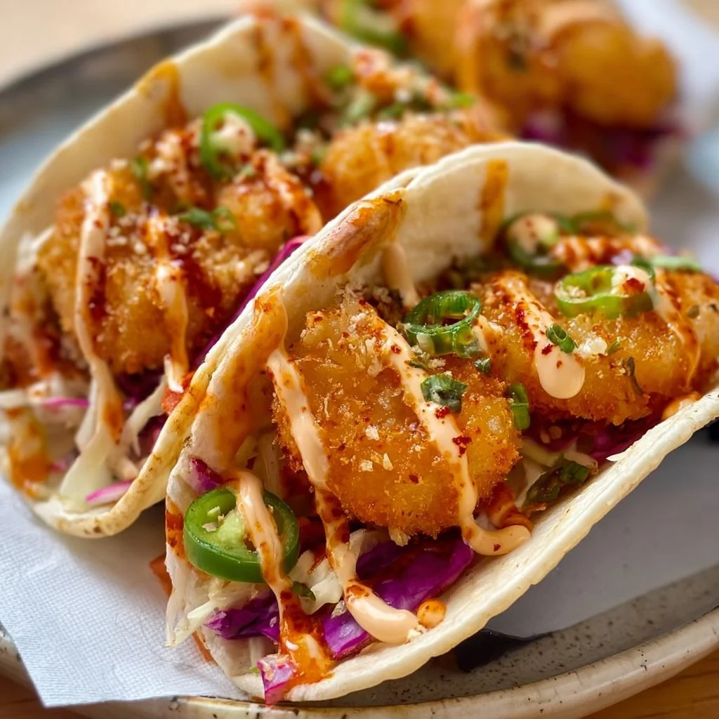 Delicious Air Fryer Bang Bang Shrimp Tacos served on a plate