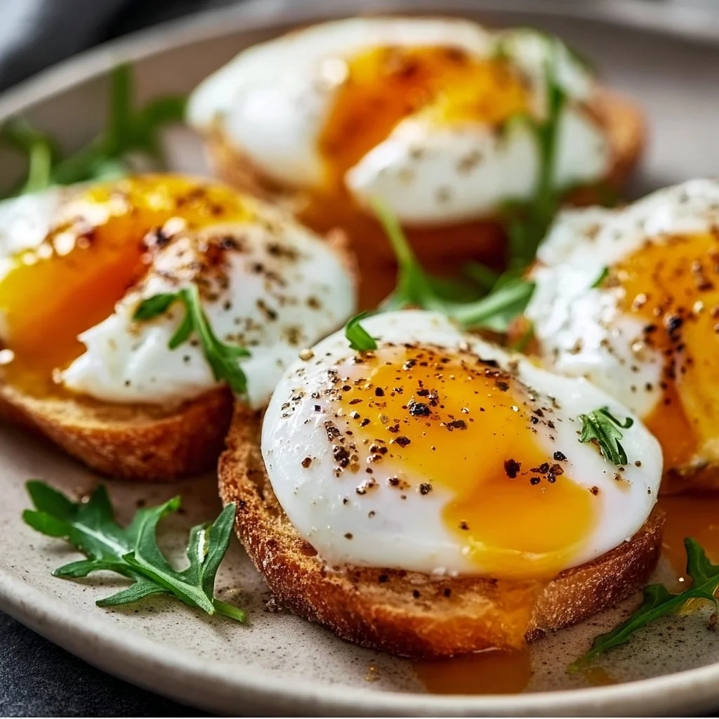 Air fryer poached eggs served on a plate with herbs and spices.