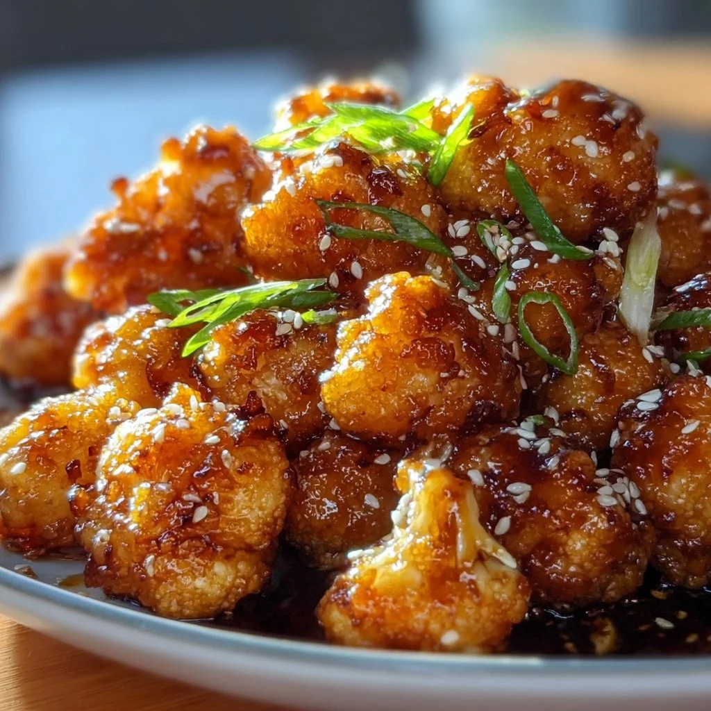 Sticky honey garlic cauliflower dish served on a plate