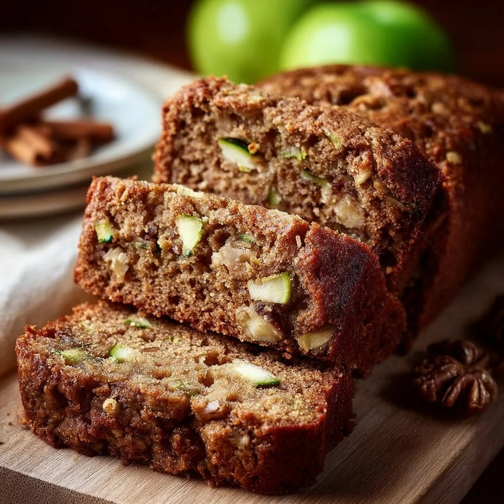 Slice of apple cinnamon zucchini bread on a plate with cinnamon sprinkle