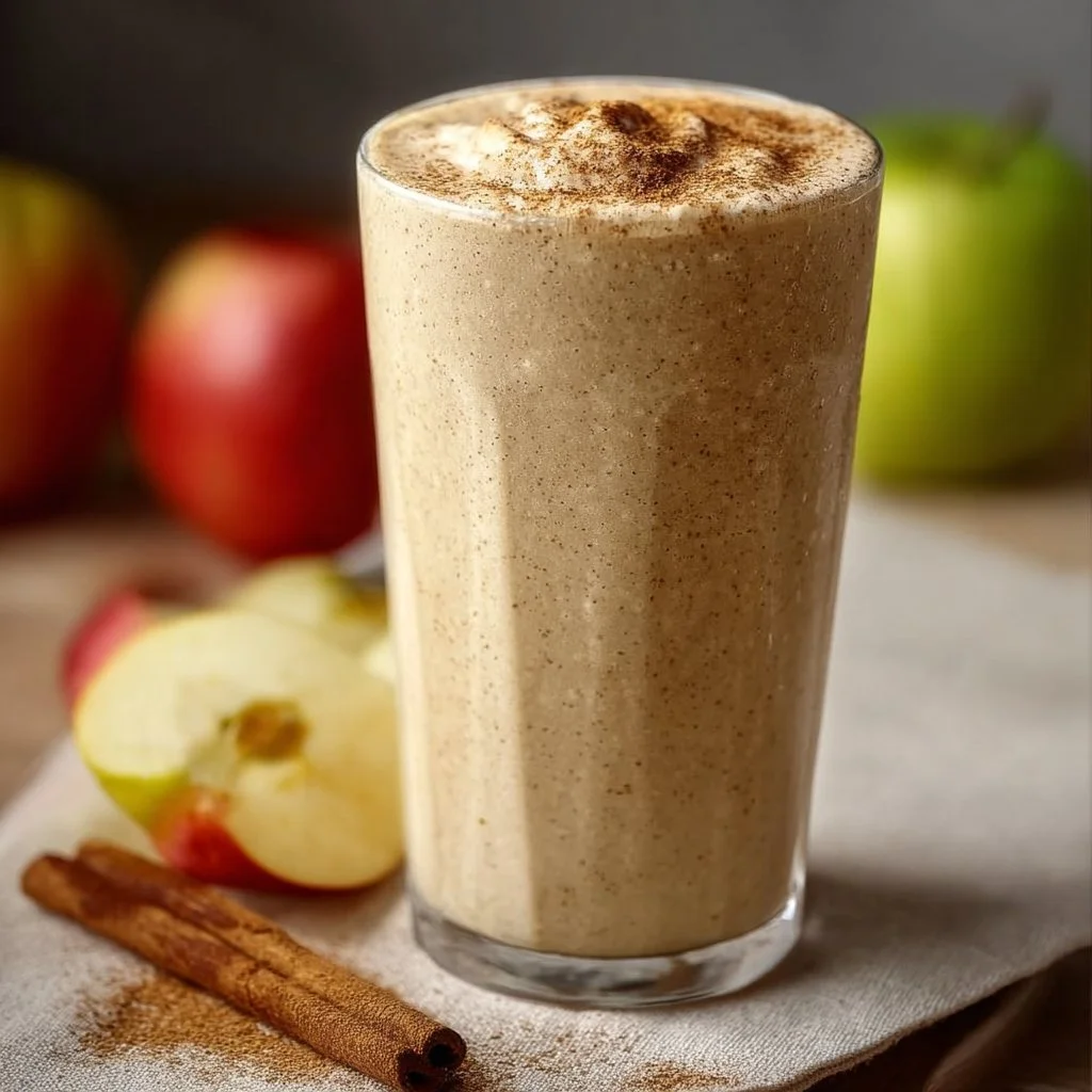 Apple pie smoothie topped with cinnamon and apple slices in a glass