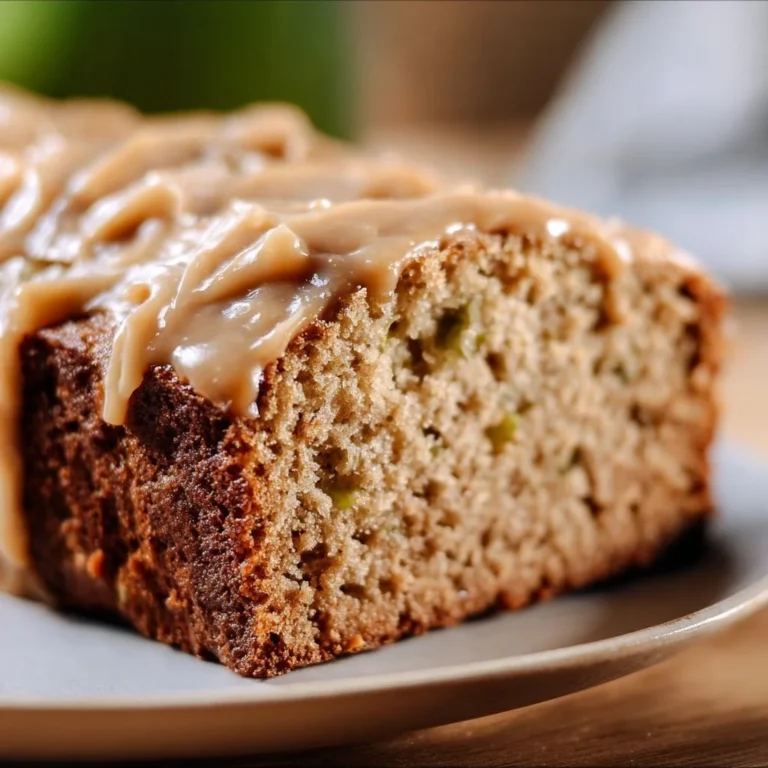 Delicious apple zucchini bread topped with brown sugar frosting on a rustic table.