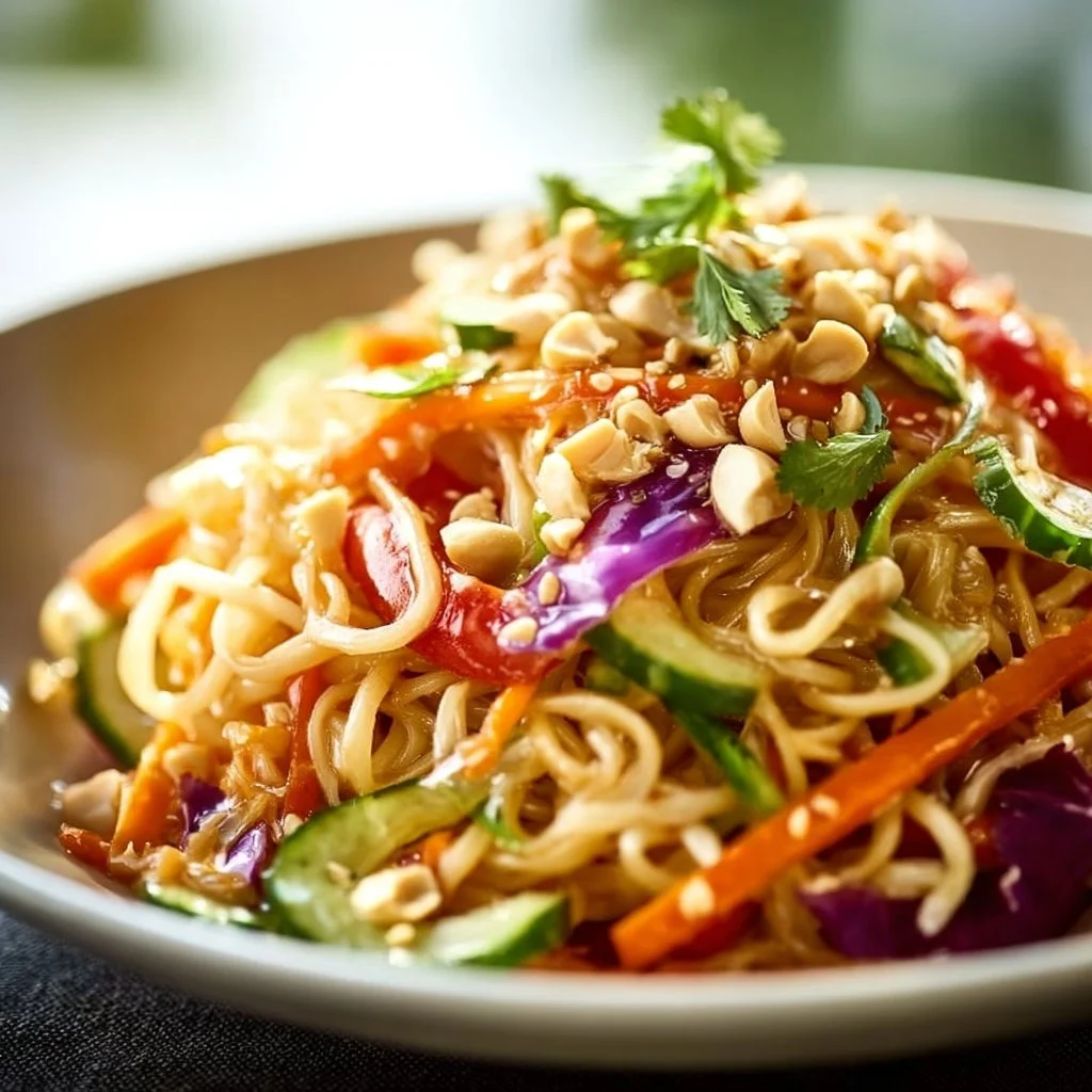Bowl of Asian Noodle Salad with colorful vegetables and peanut dressing