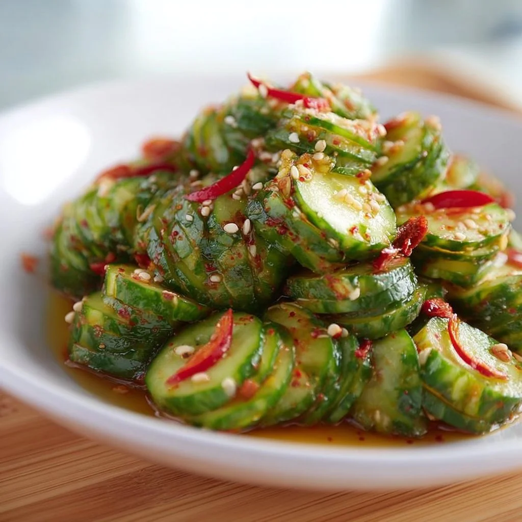 Bowl of Asian Spicy Cucumber Salad with colorful vegetables and spices