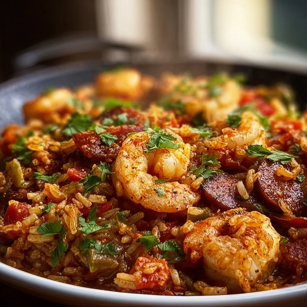 Dish of Authentic Cajun Jambalaya with rice, sausage, and shrimp