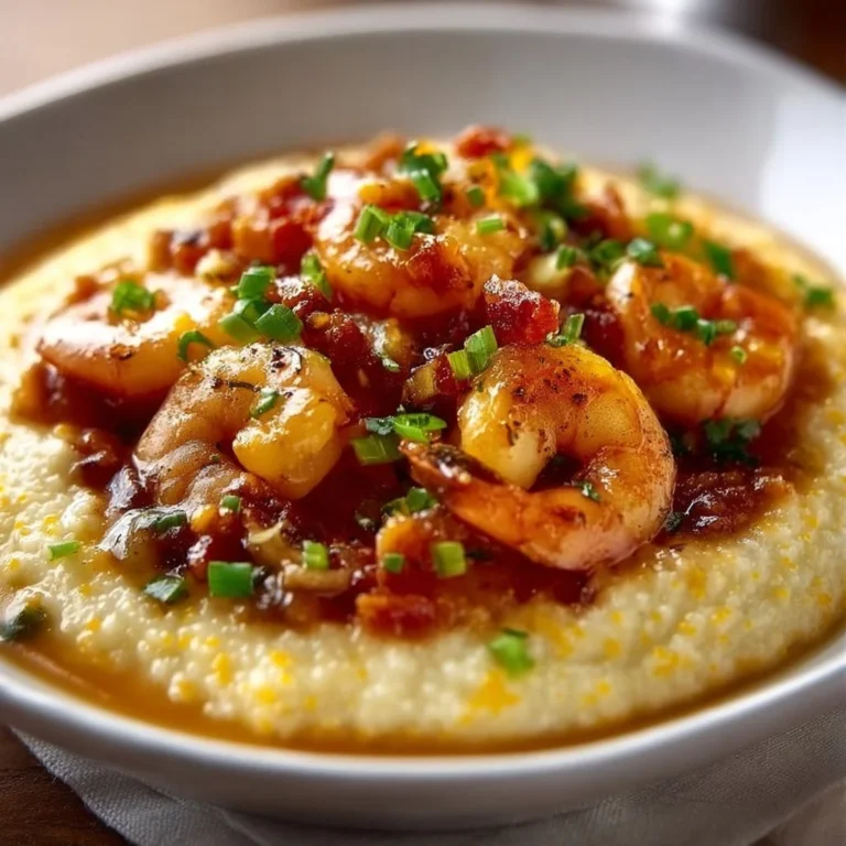 Delicious plate of authentic Southern shrimp and grits topped with herbs.