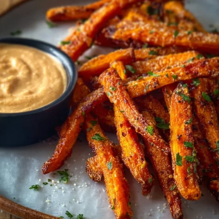 Baked carrot fries served with paprika garlic aioli on a plate