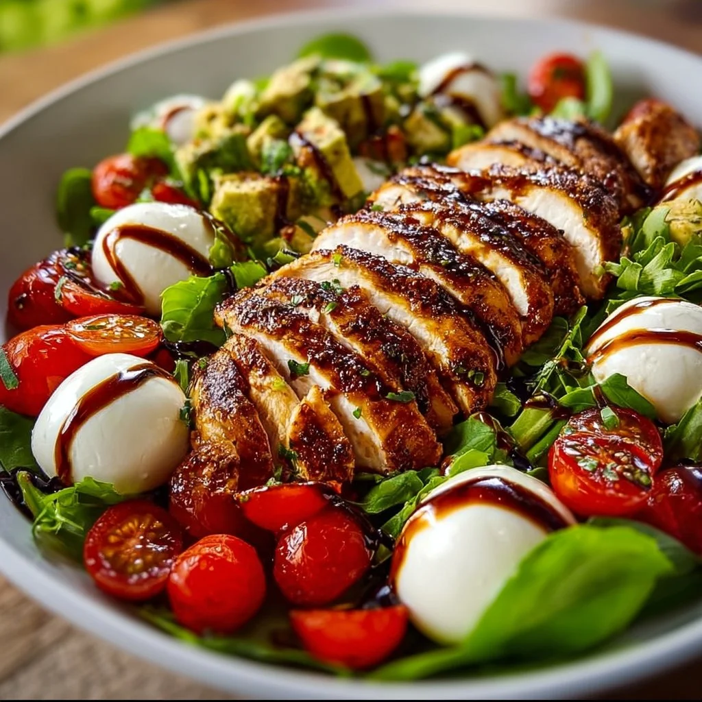 Baked marinated chicken salad with mozzarella and balsamic vinaigrette served in a bowl.