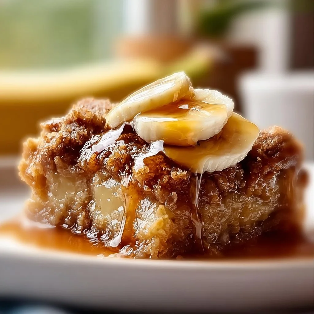 Delicious homemade Banana Cobbler dessert topped with crispy oats.