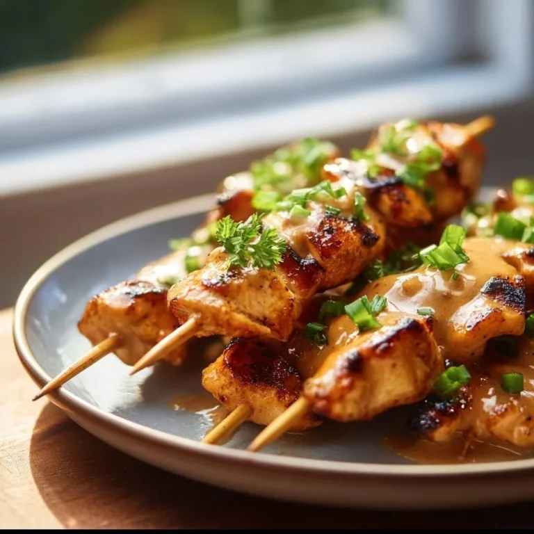 Delicious Bang Bang Chicken Skewers served on a platter with dipping sauce.